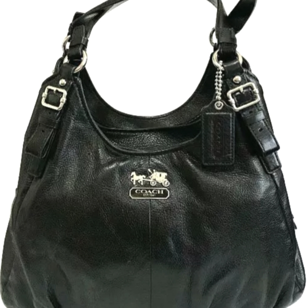 COACH MADISON PEBBLED LEATHER BAG, BLACK; ROYAL PURPLE LINING